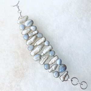 Baroque Real Fresh Water Pearl and Blue Lace Agate Silver Bracelet